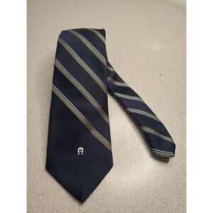 Etienne Aigner Repp‎ Tie Mens Blue Jaquard Striped Silk Poly Blend Thin Sleek